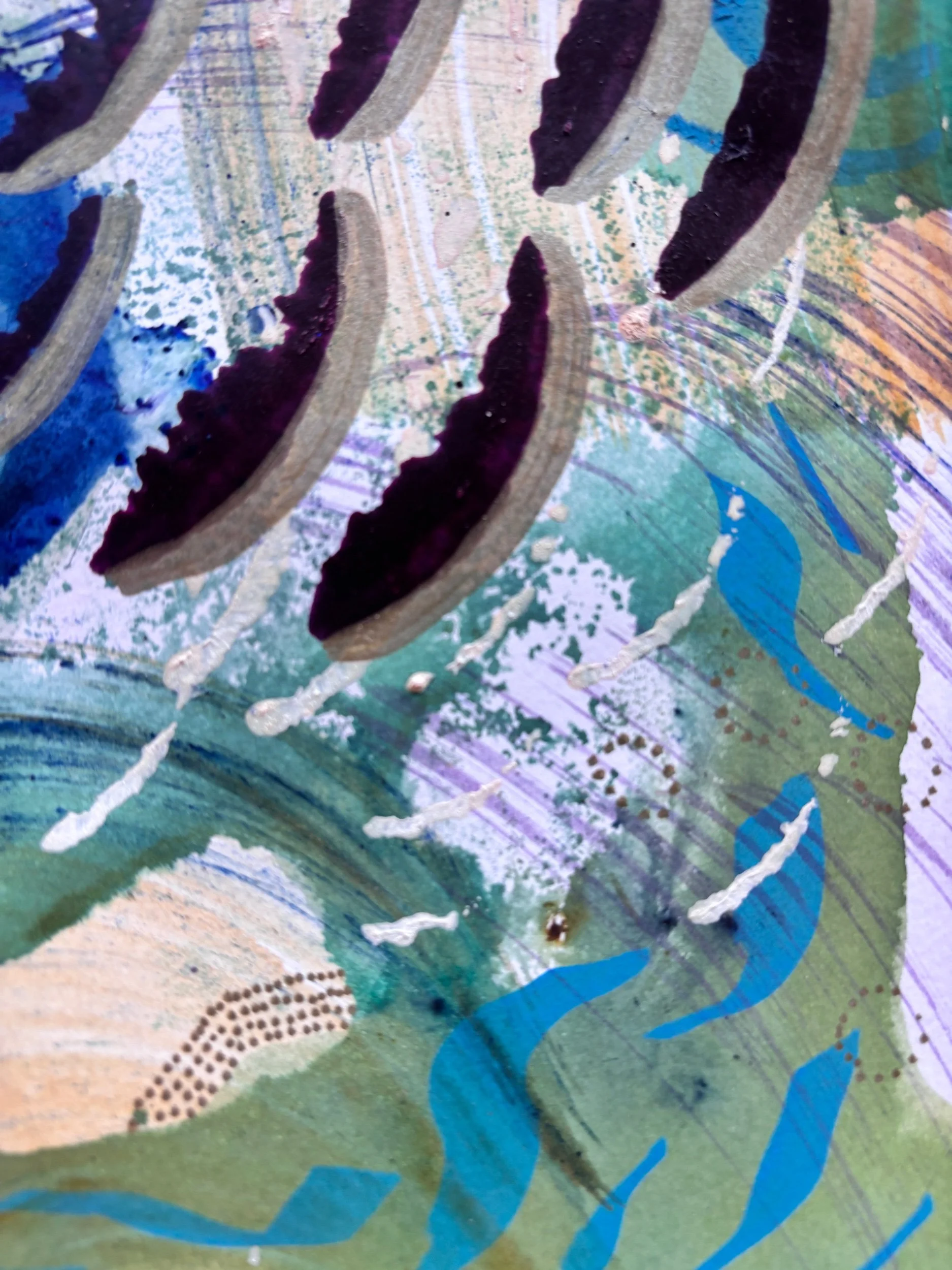 Mouvement II, acrylique et pigments sur papier, 21.7 x 29 cm, par Keren Schwarz