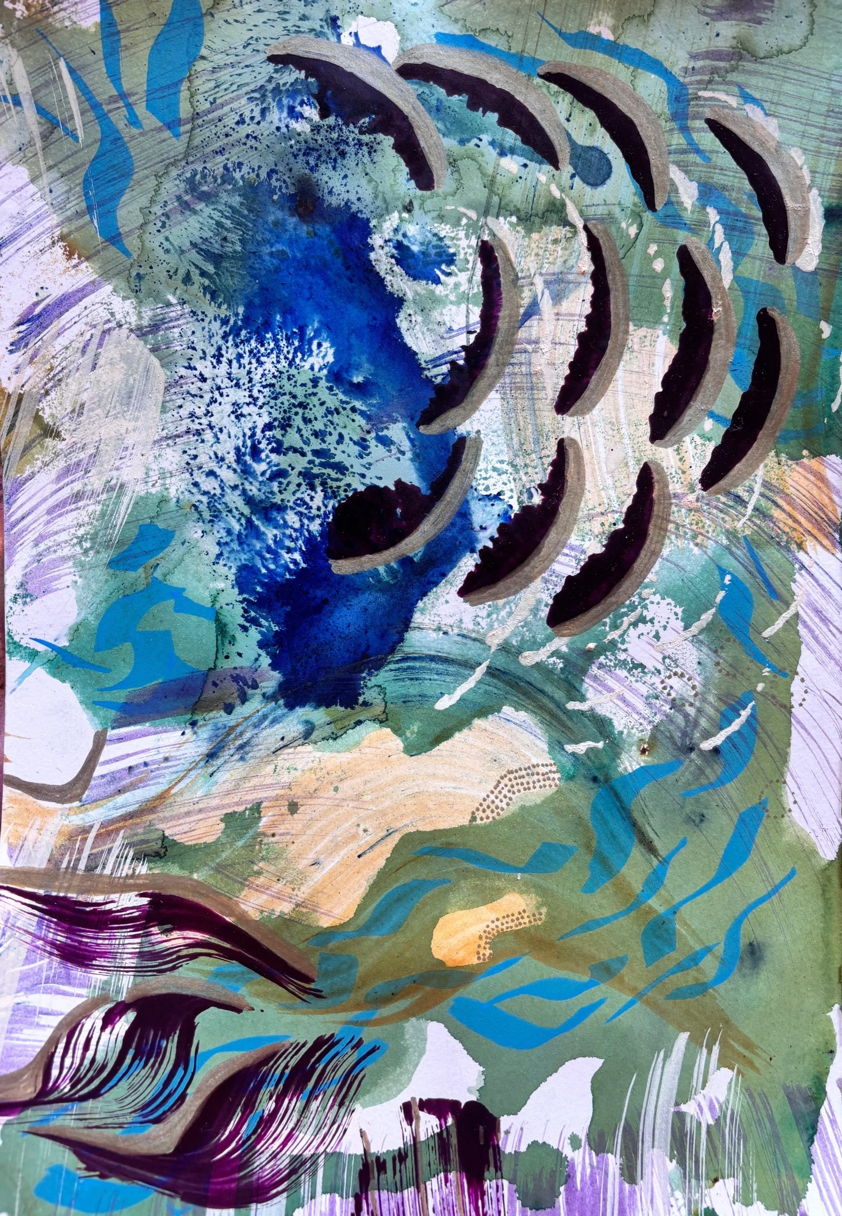 Mouvement II, acrylique et pigments sur papier, 21.7 x 29 cm, par Keren Schwarz