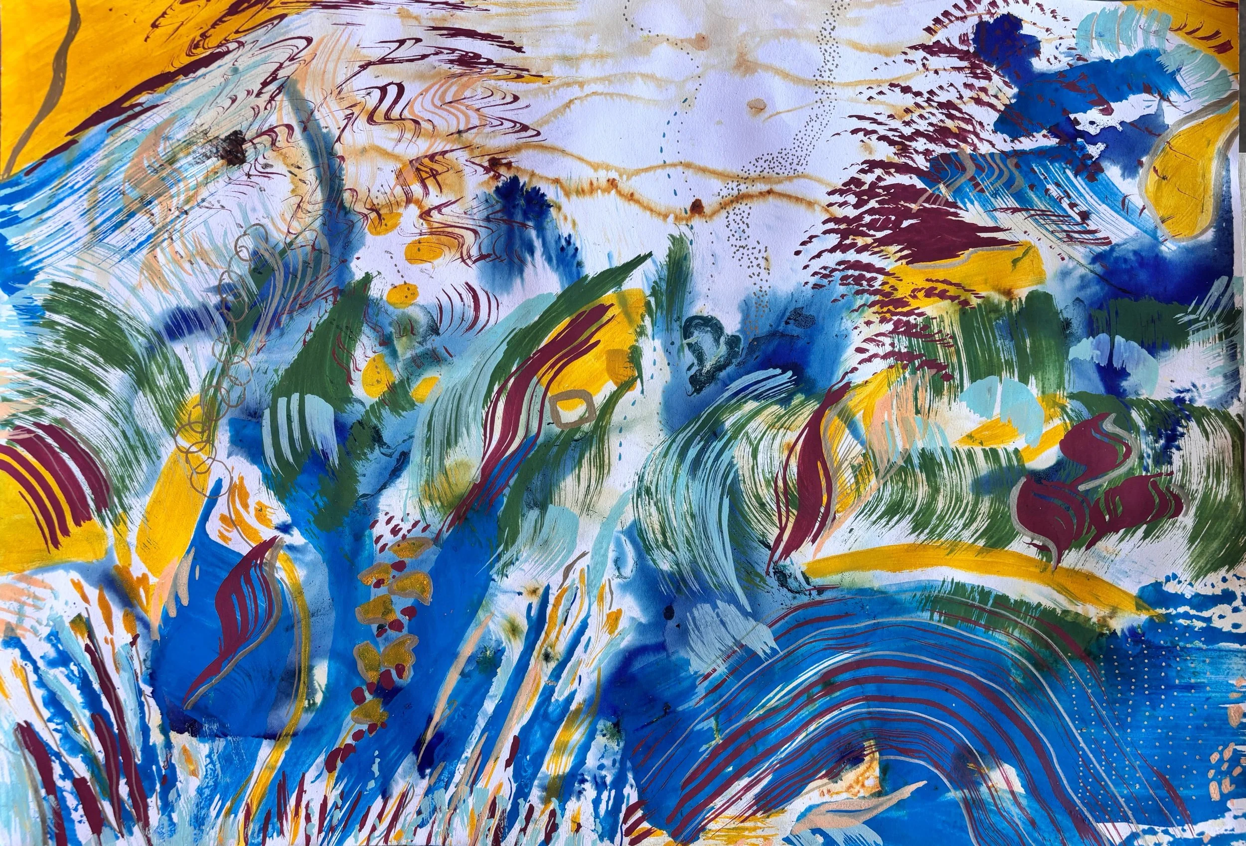 Peinture abstraite bleue et blanche, gestes fluides, par Keren Schwarz