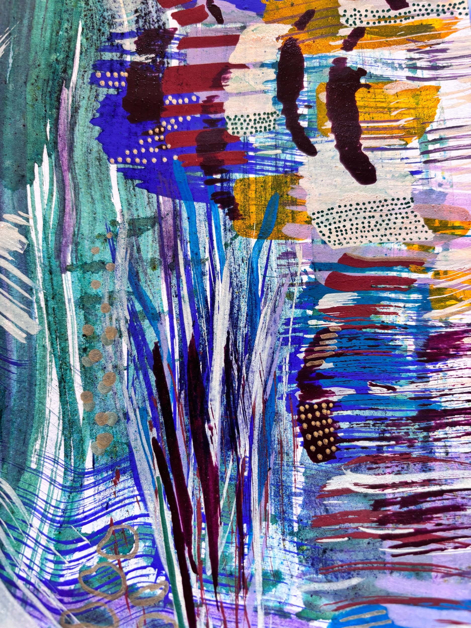 Peinture abstraite bleue aux lignes verticales, par Keren Schwarz