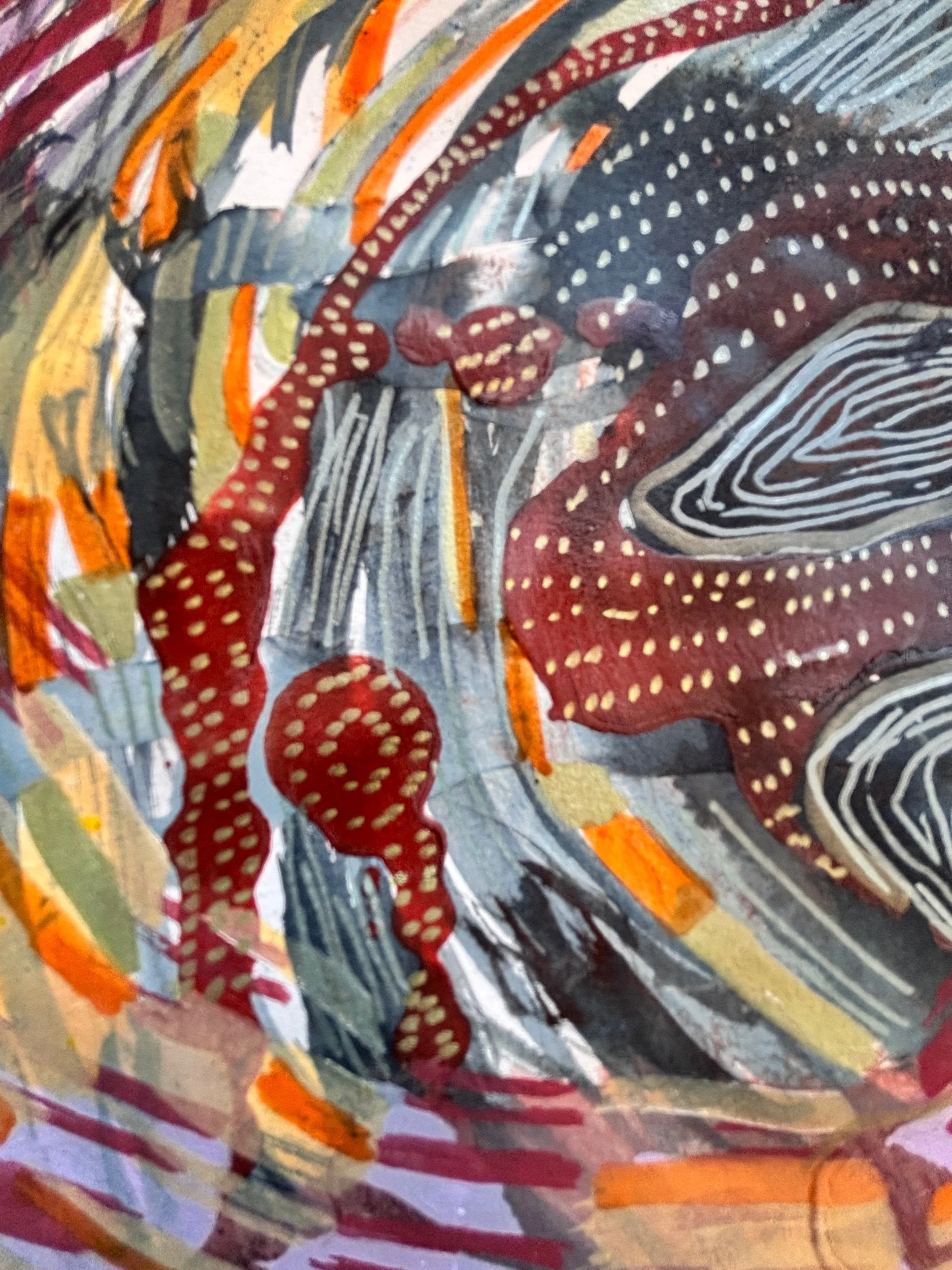 Peinture abstraite rouge et blanche, mouvements circulaires, par Keren Schwarz