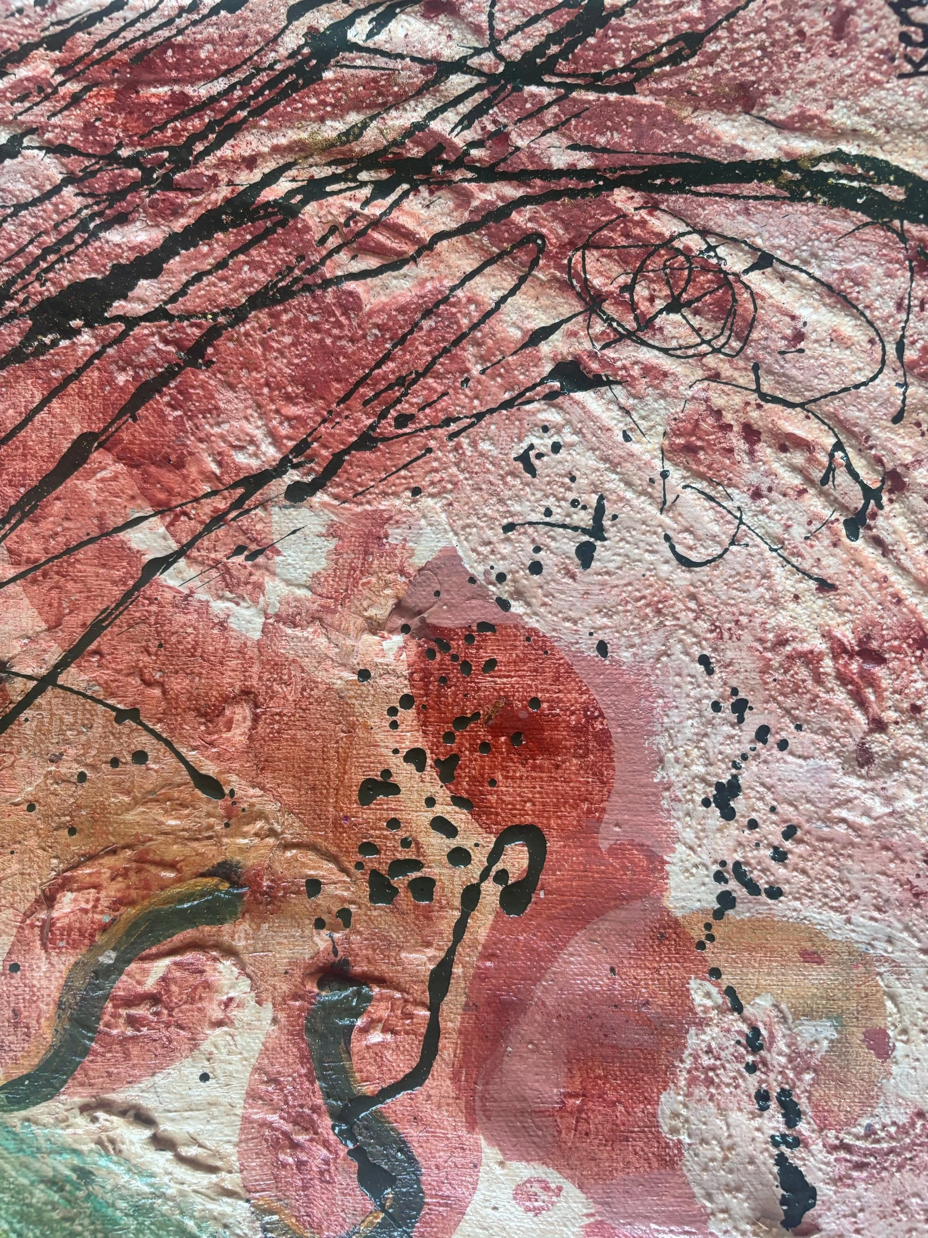 Feuille, acrylique et pigments sur toile, 116 x 73 cm, par Keren Schwarz