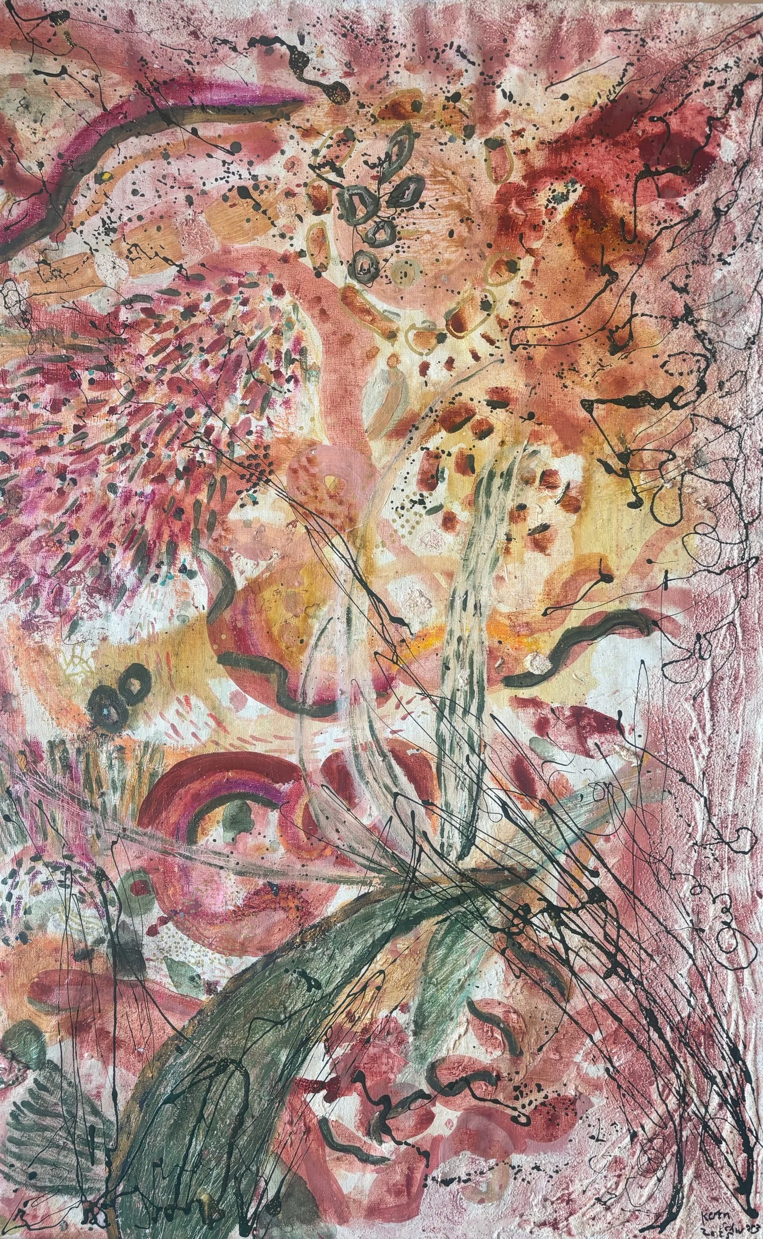 Feuille, acrylique et pigments sur toile, 116 x 73 cm, par Keren Schwarz