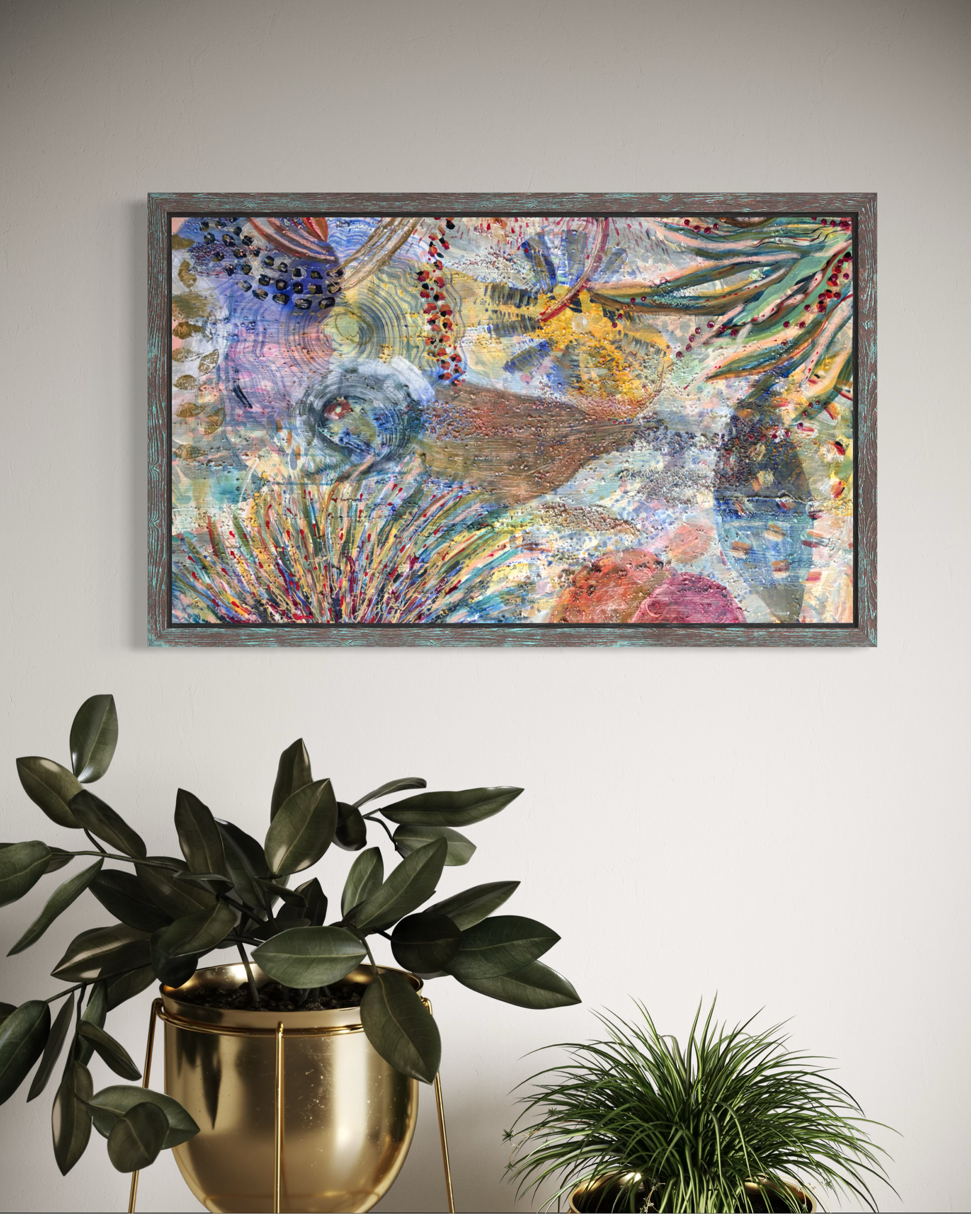 Récif, acrylique et pigments sur toile, 116 x 73 cm, par Keren Schwarz