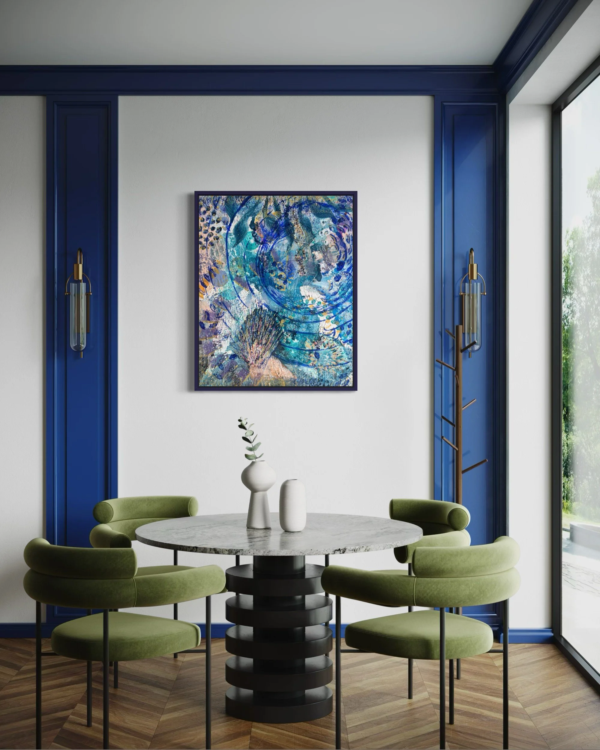Œuvre abstraite bleue en situation dans une salle à manger