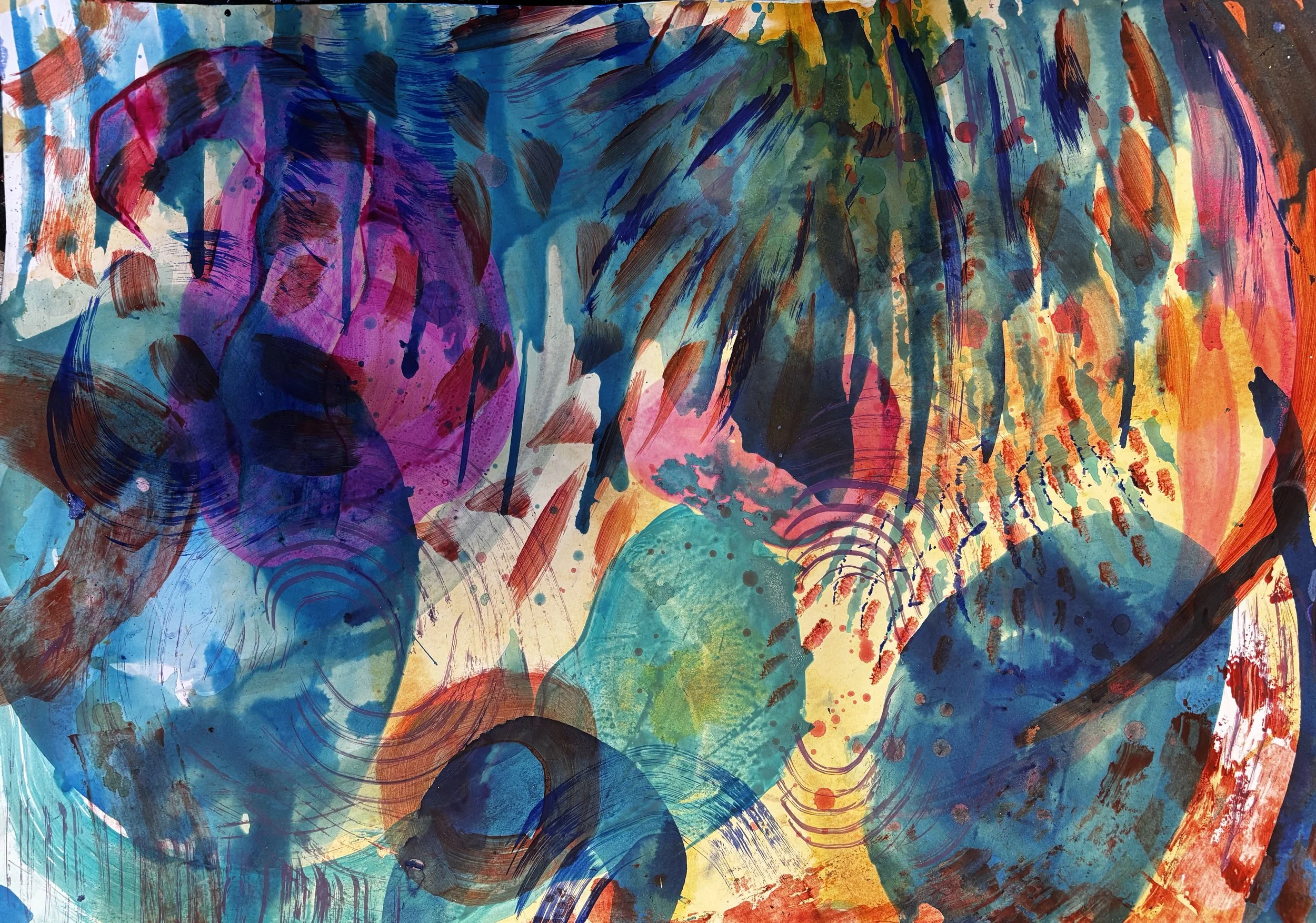 Peinture abstraite colorée, rouges et bleus, par Keren Schwarz