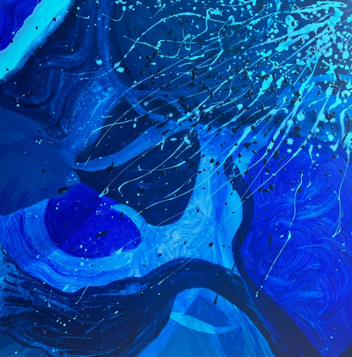 Bleu du voyage, acrylique et pigments sur toile, 100 x 100 cm, par Keren Schwarz