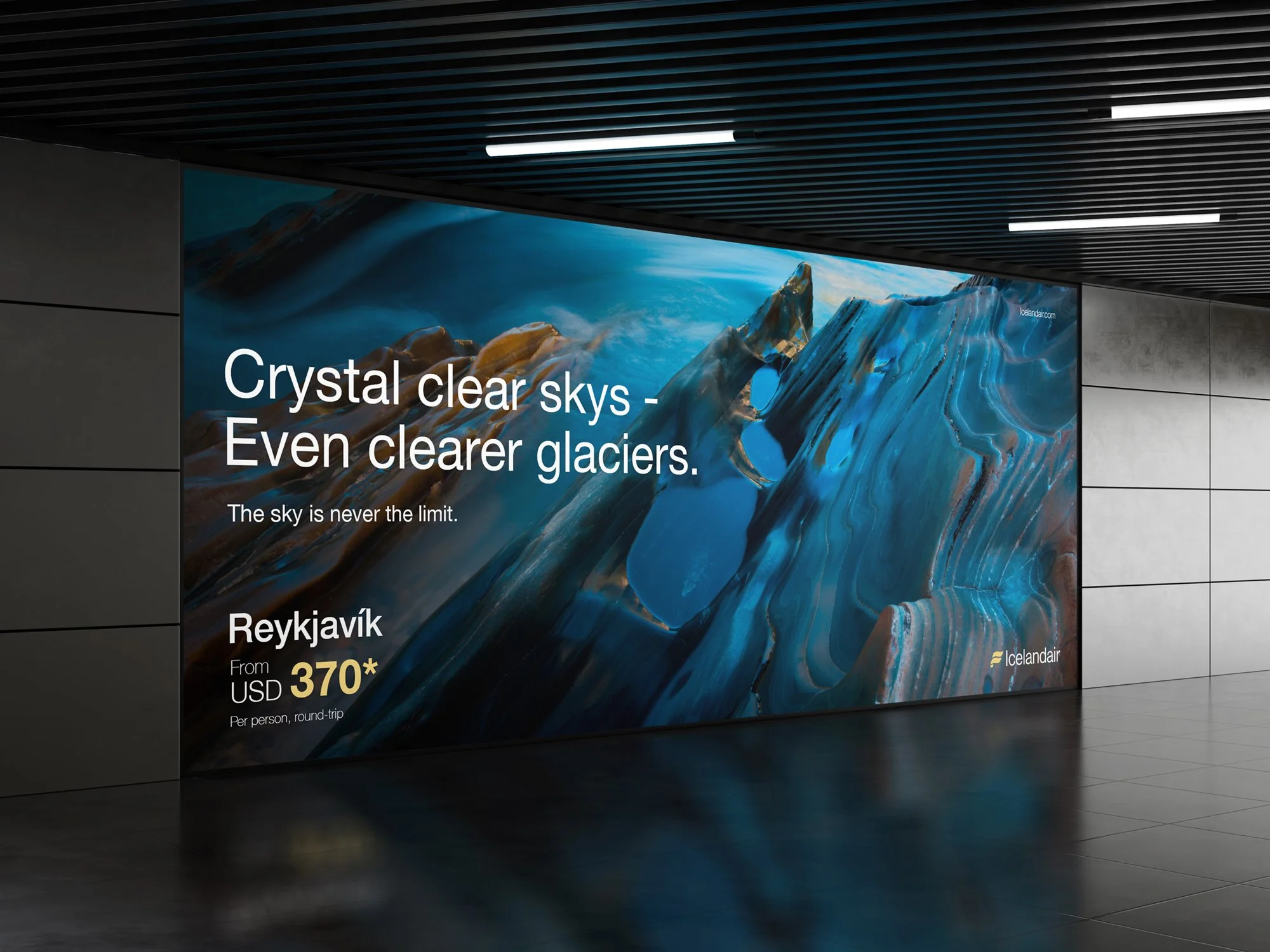 Airline advertising campaign displayed on a billboard in an airport