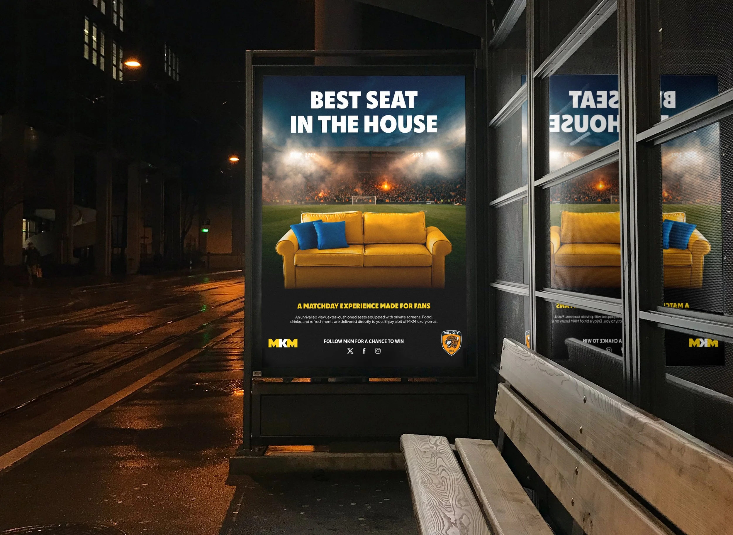 MKM Best Seat in the House match-day experience advertising displayed at a bus stop