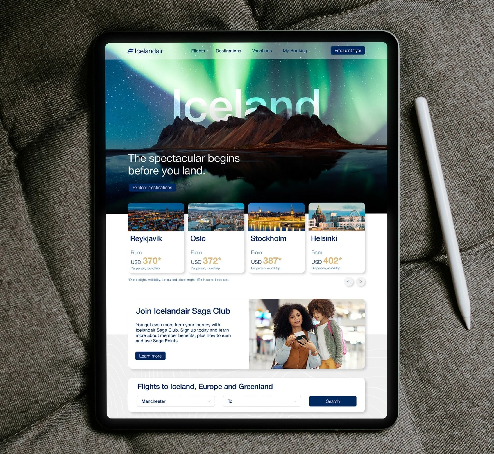 Airline website homepage displaying the new brand identity on an iPad