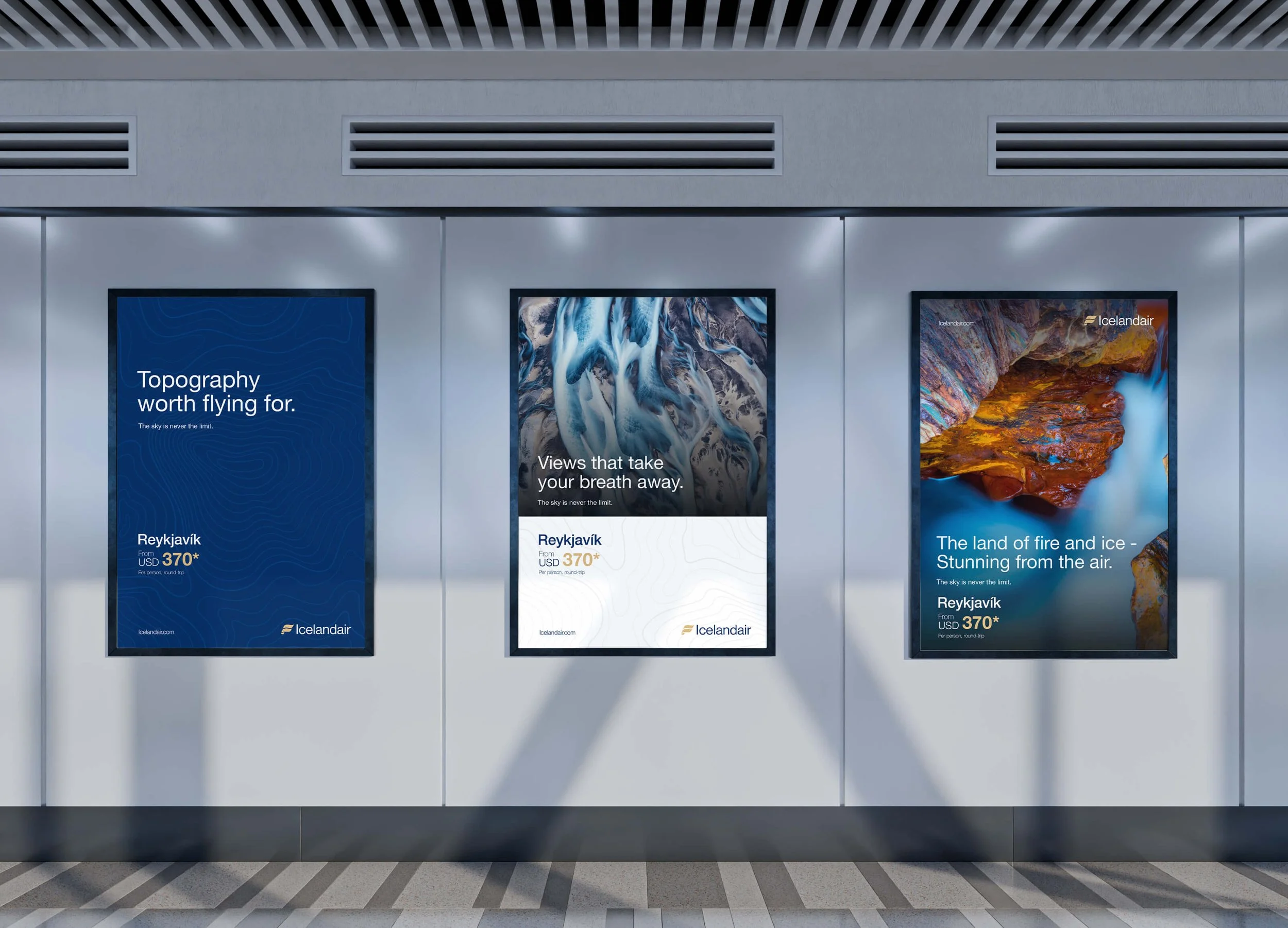 Airline advertising campaign posters displayed in an airport corridor