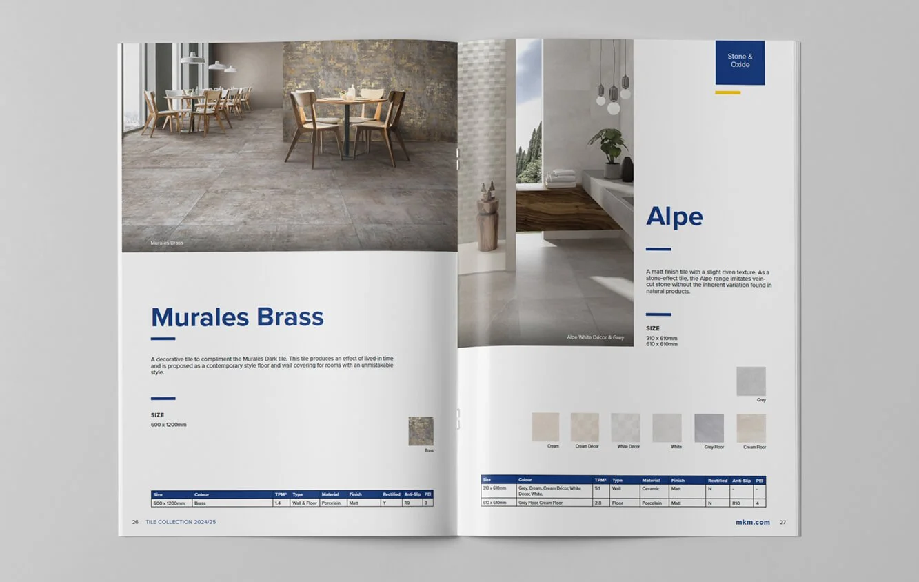 MKM tile brochure showing the new brand identity and visual design
