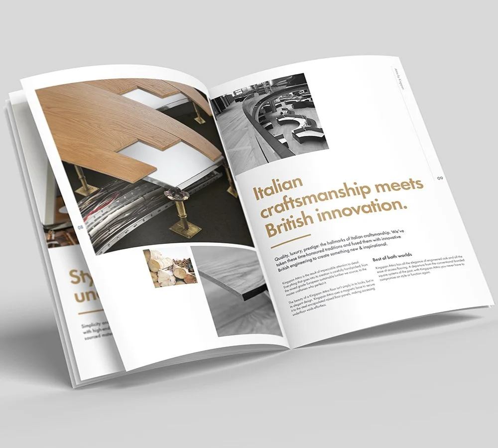 Tate Attiro product brochure spread showcasing flooring craftsmanship and design