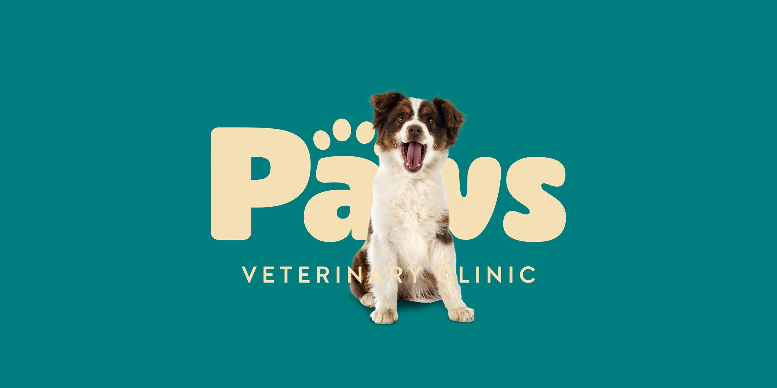 Dog alongside the Paws Vets logo and new brand identity