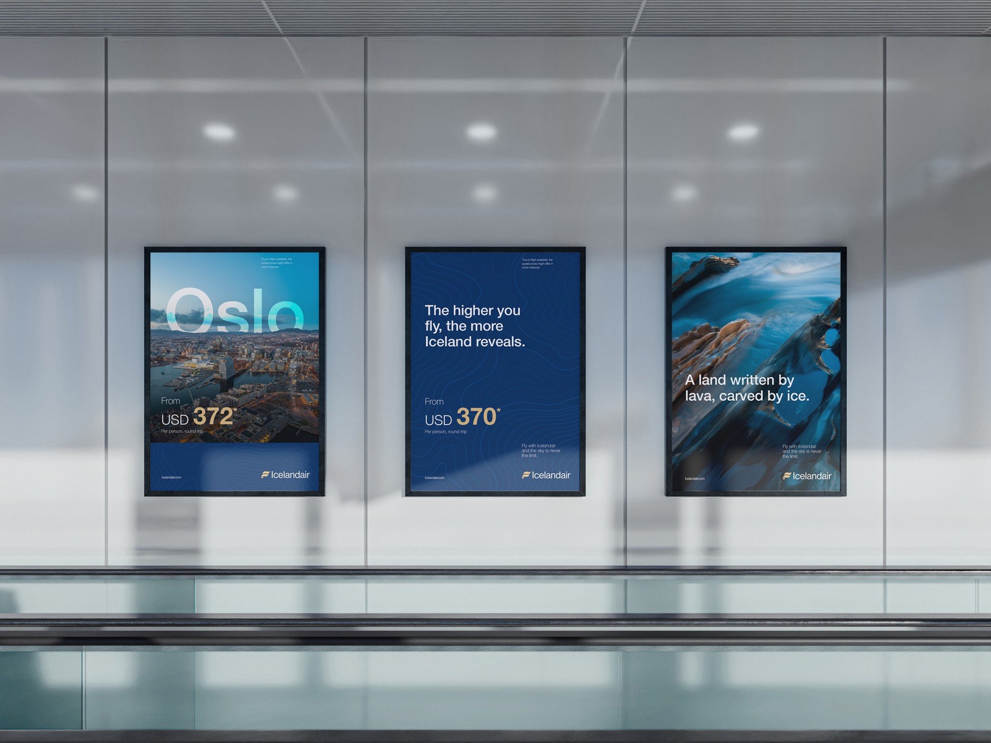Airline brand messaging posters displayed in an airport corridor