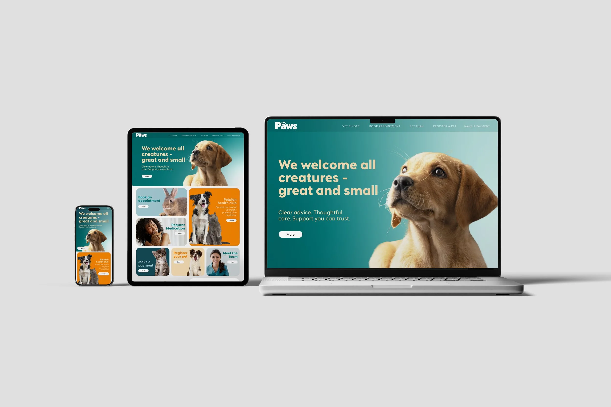 Paws Vets website displayed across desktop, tablet and mobile devices