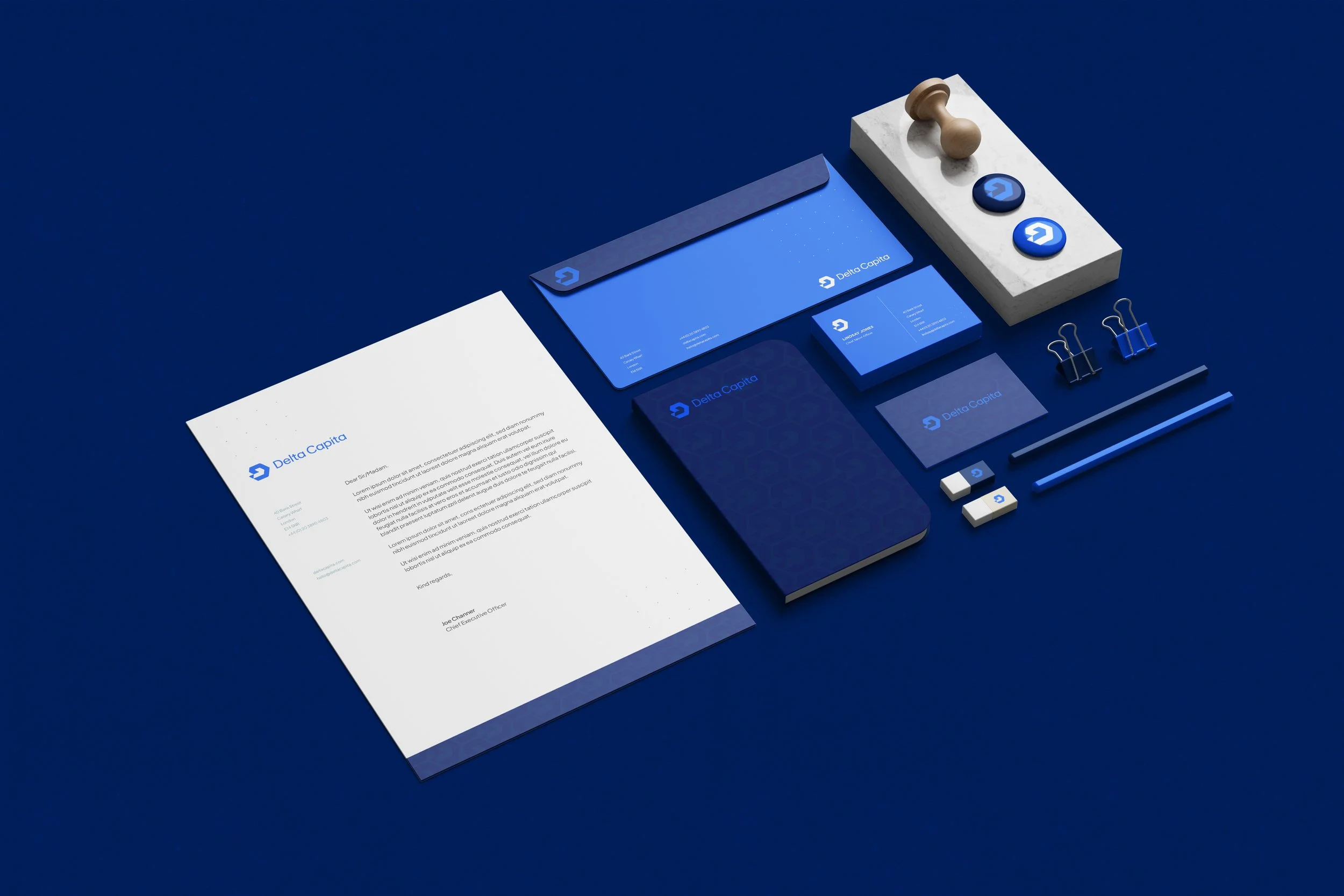 Financial services branded stationery set including business cards and printed materials