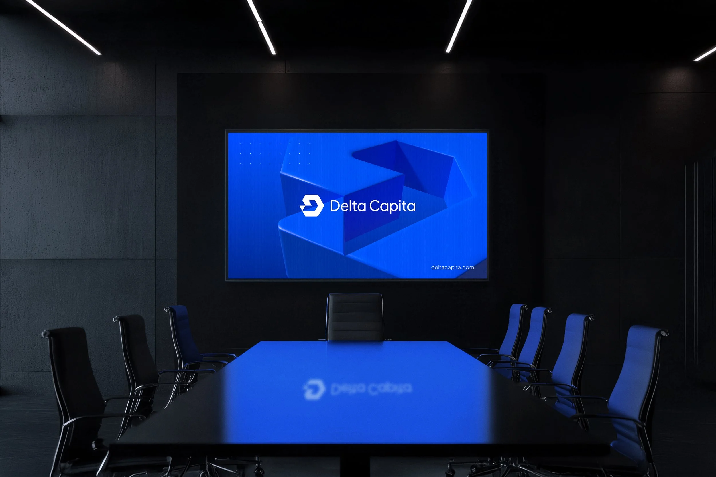 Financial services brand presentation displayed on a boardroom screen