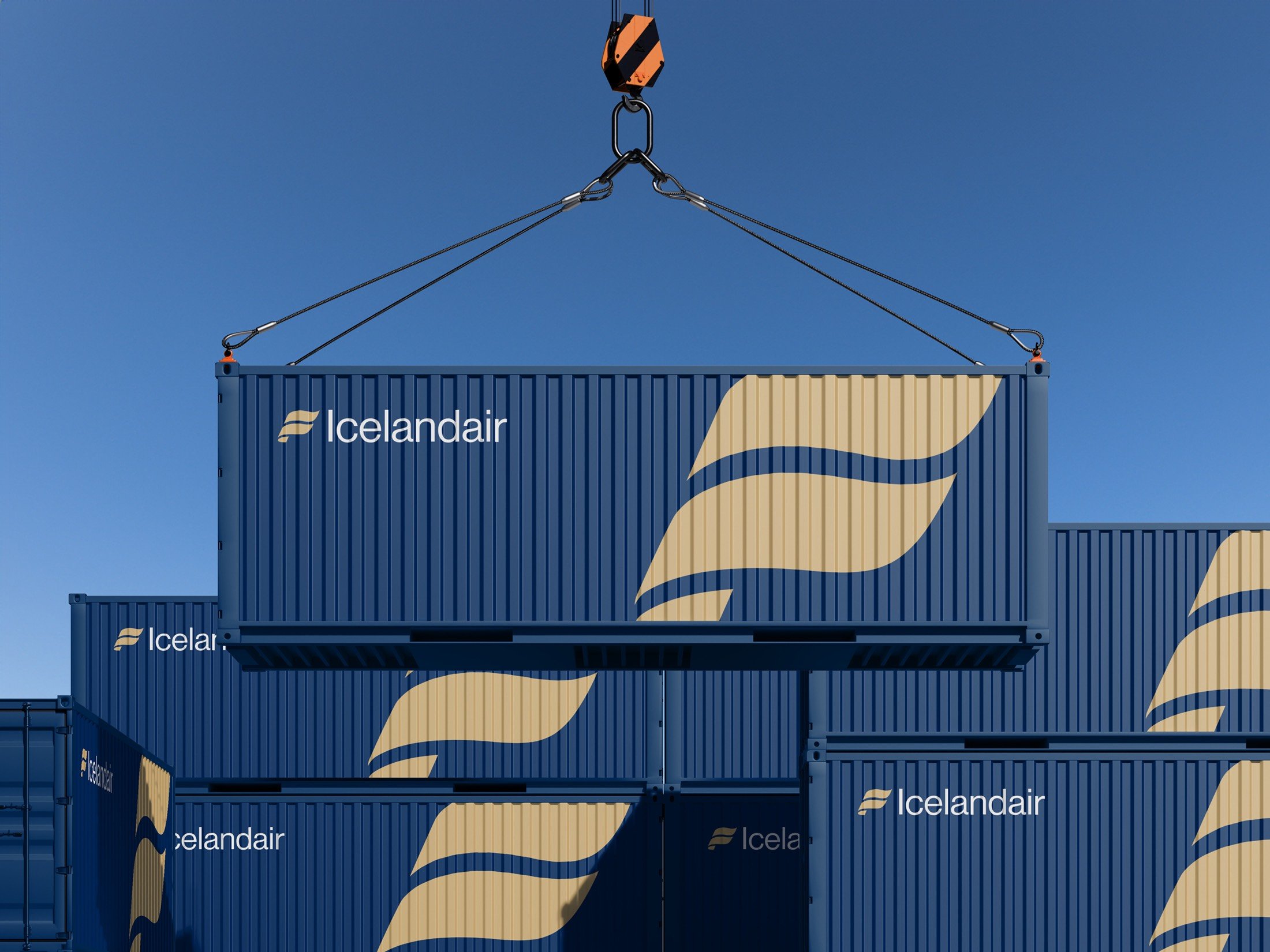 Branded airline shipping containers showing the new visual identity