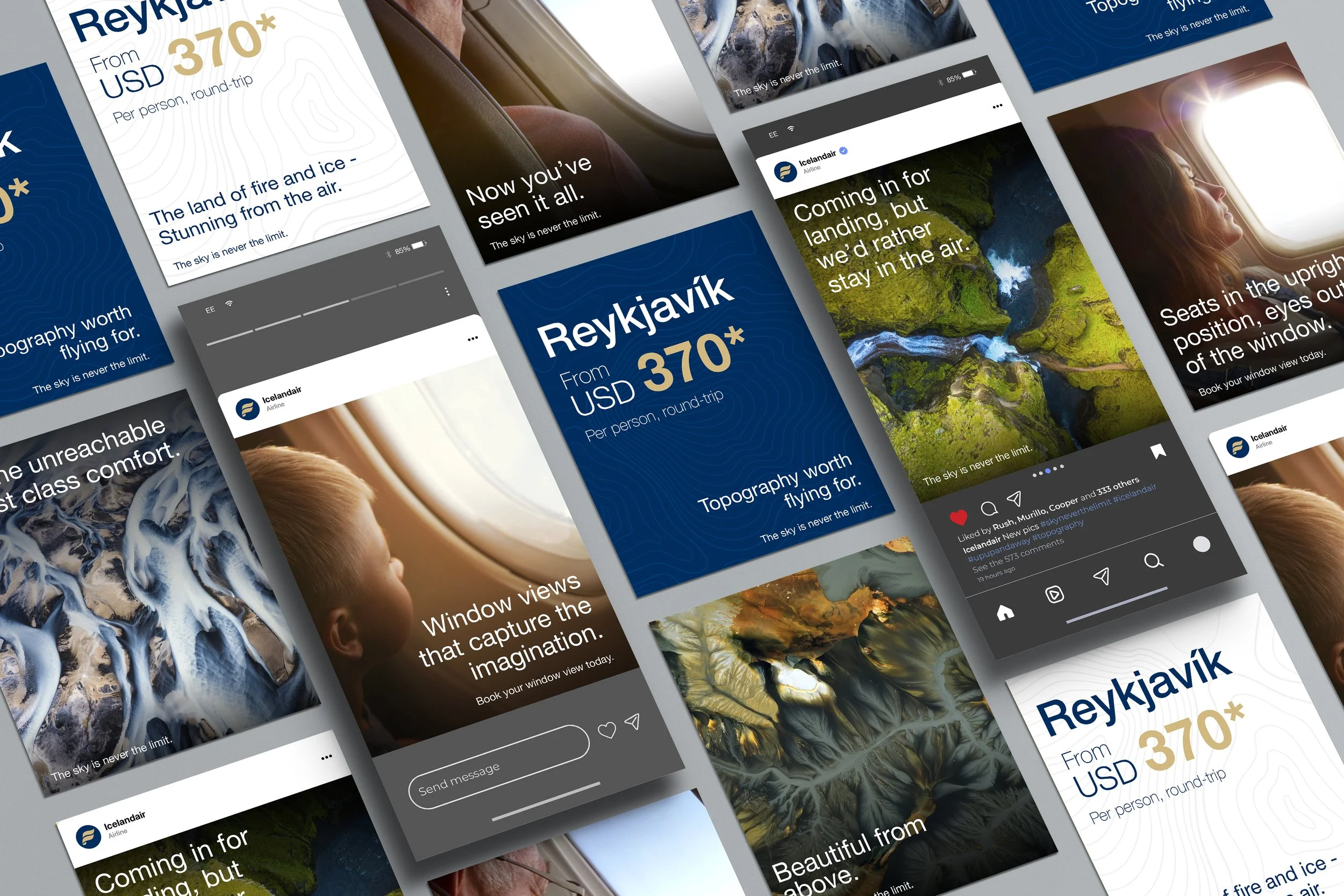 Airline advertising campaign shown across a series of social media posts