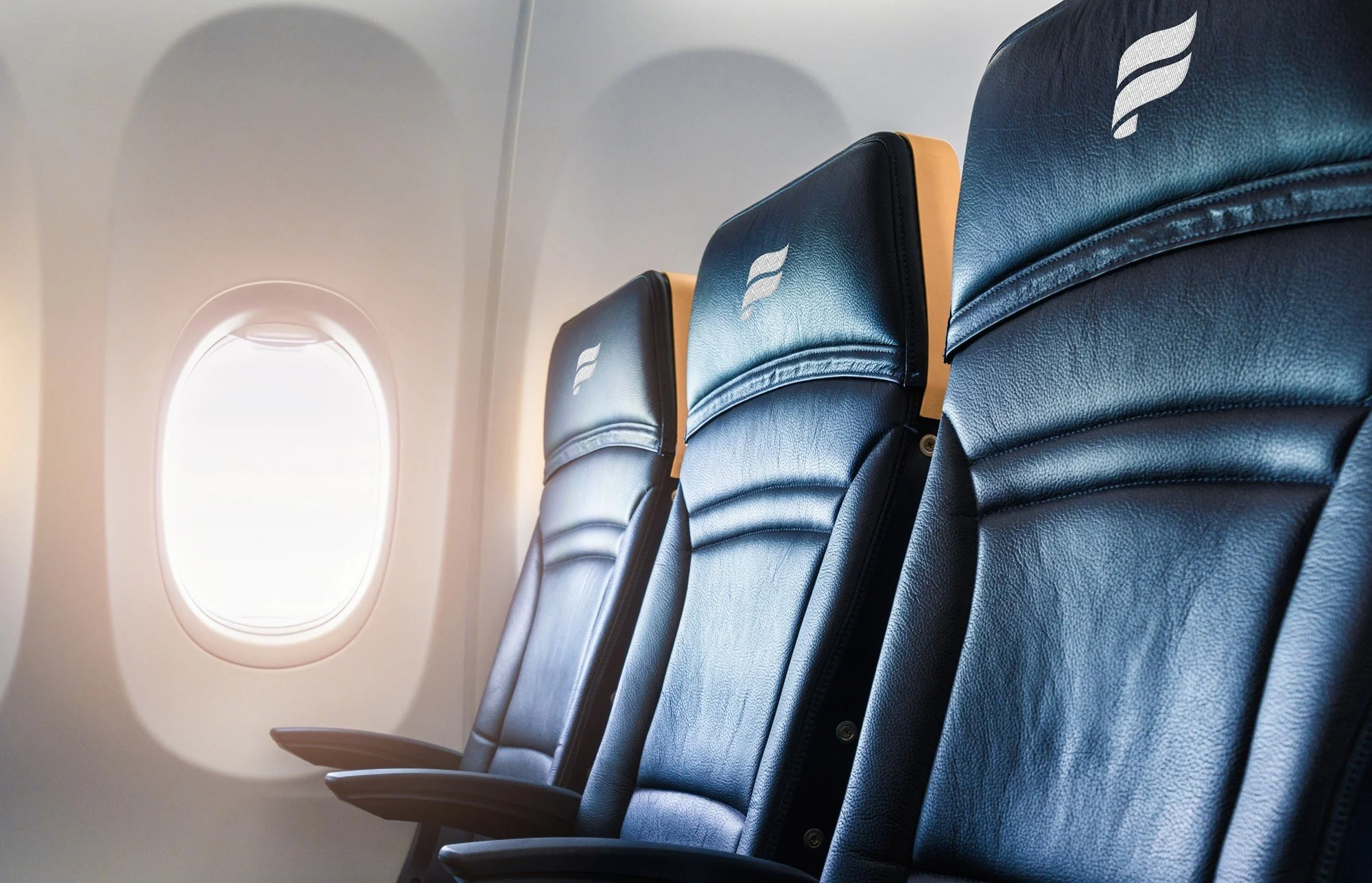 Branded airline seats showing the new visual identity inside an aircraft