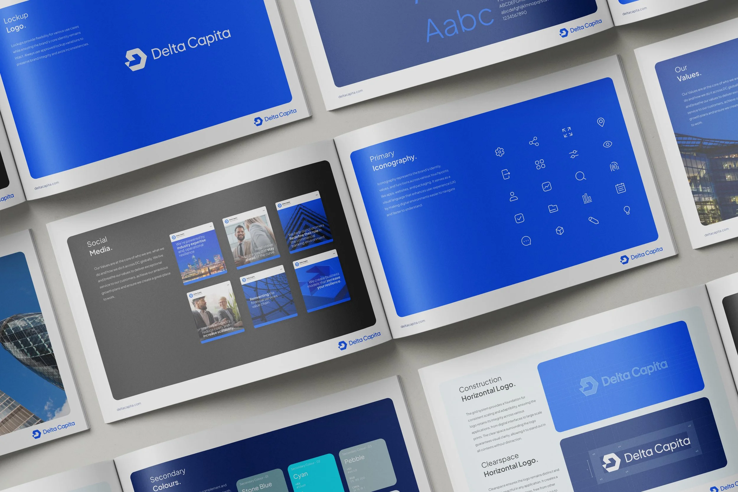Financial services brand guidelines showing the visual identity and design system