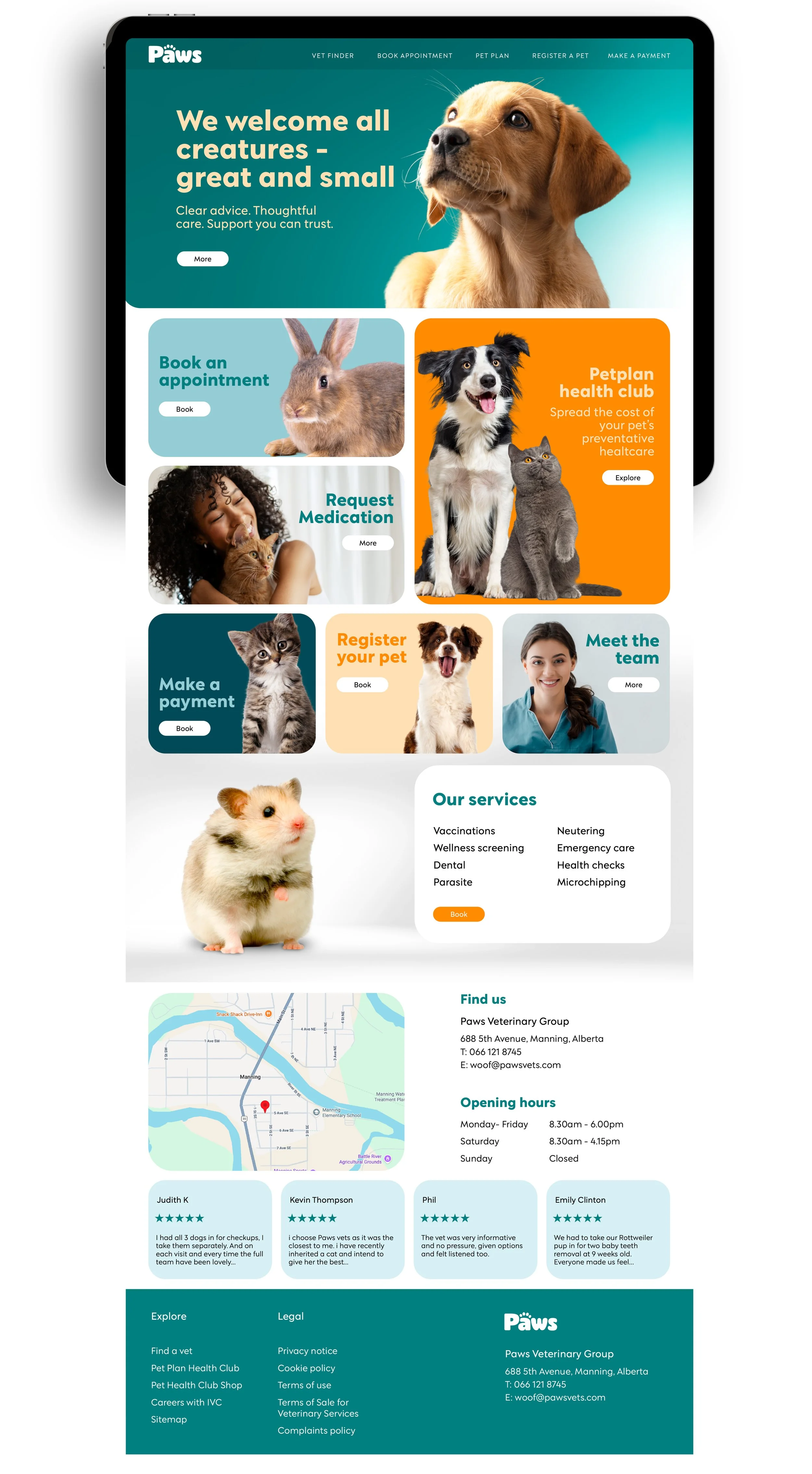 Paws Vets website homepage showing the new visual identity and content