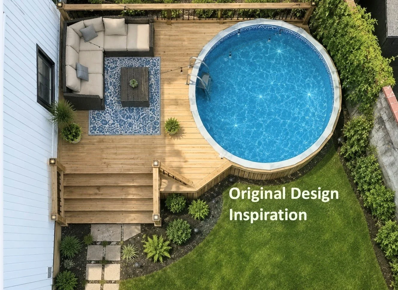 Backyard retreat design with round above-ground pool, wood deck, outdoor seating, plants, and lawn.