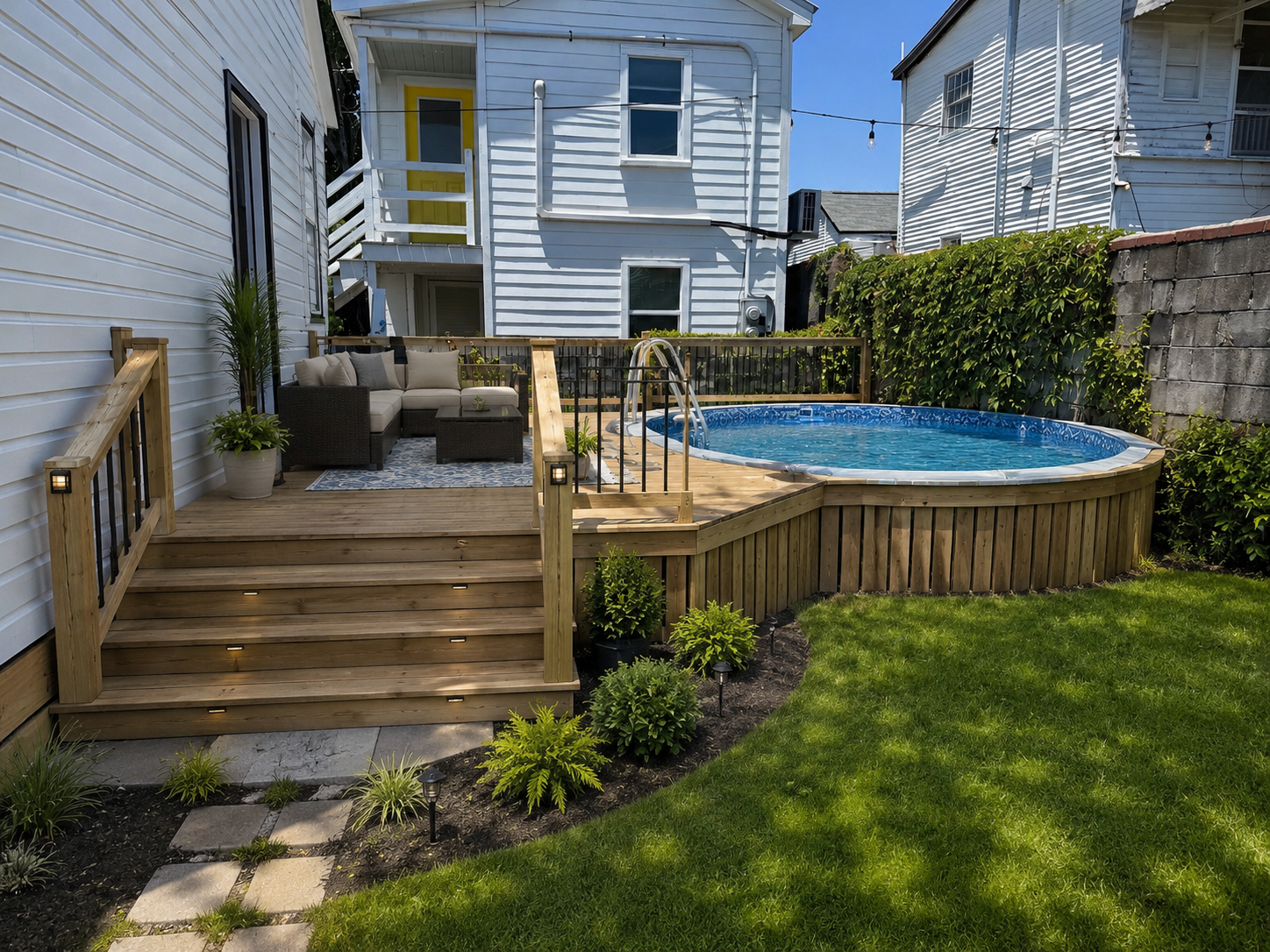 Backyard with wooden deck, outdoor seating, lawn, plants, and above-ground pool.