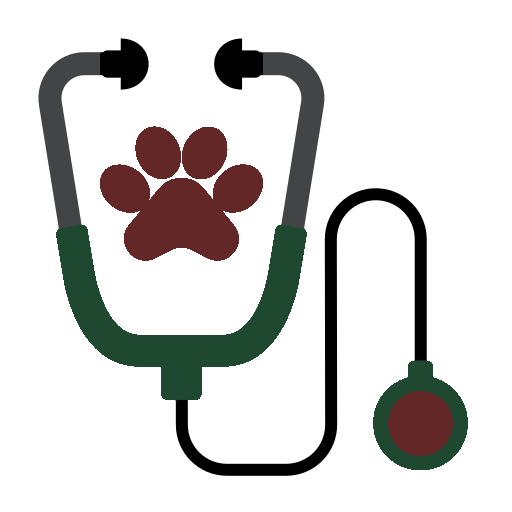 Dog paw print inside a stethoscope with a red and green flea or tick collar in the lower right.
