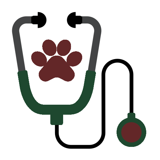 A stethoscope with a paw print in the chest piece and a small round object nearby, symbolizing veterinary or pet healthcare.
