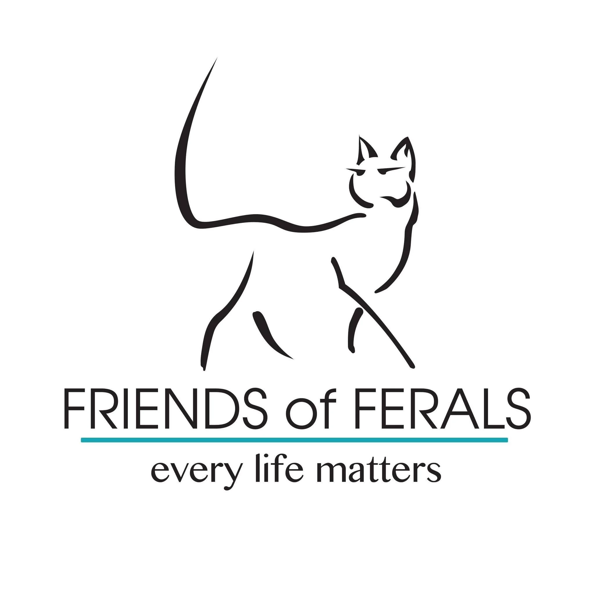 The image contains a logo for Friends of Feral, an organization focused on feral cats, with the slogan 'every life matters' beneath the logo.