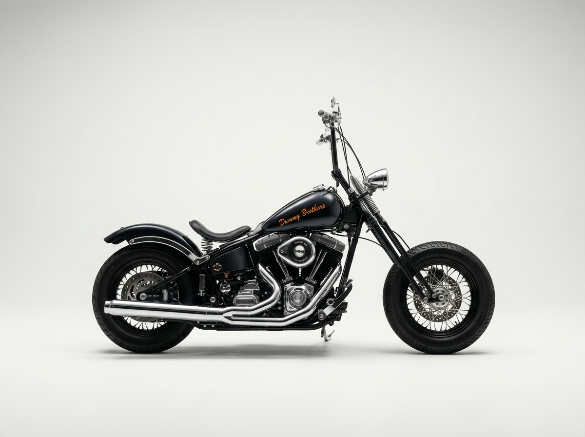 Black motorcycle with orange lettering on the tank reading 'Dummy Brothers', shown against a white background.
