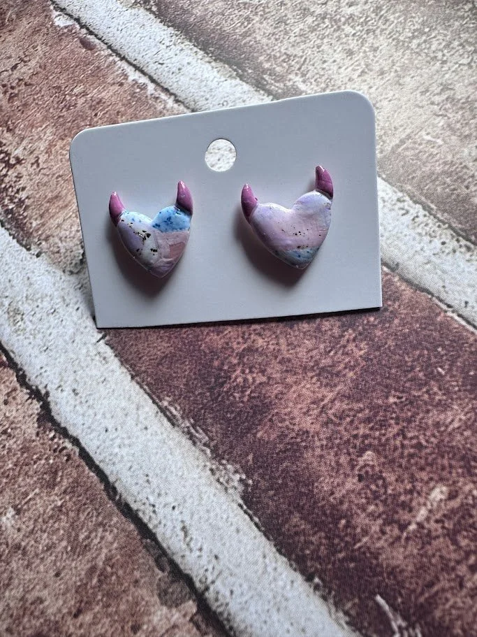 Pink & Blue Devil Heart Stud Earrings