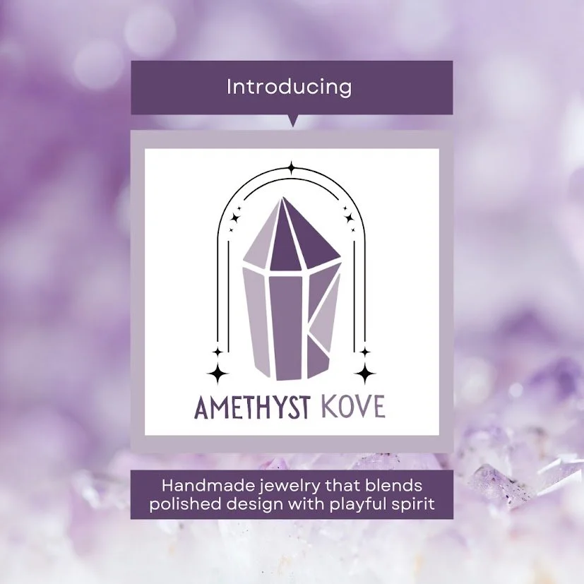 Logo of Amethyst Kove, a purple gemstone illustration with stars, on a blurred purple background, with text introducing the brand and describing handmade jewelry that blends polished design with playful spirit.