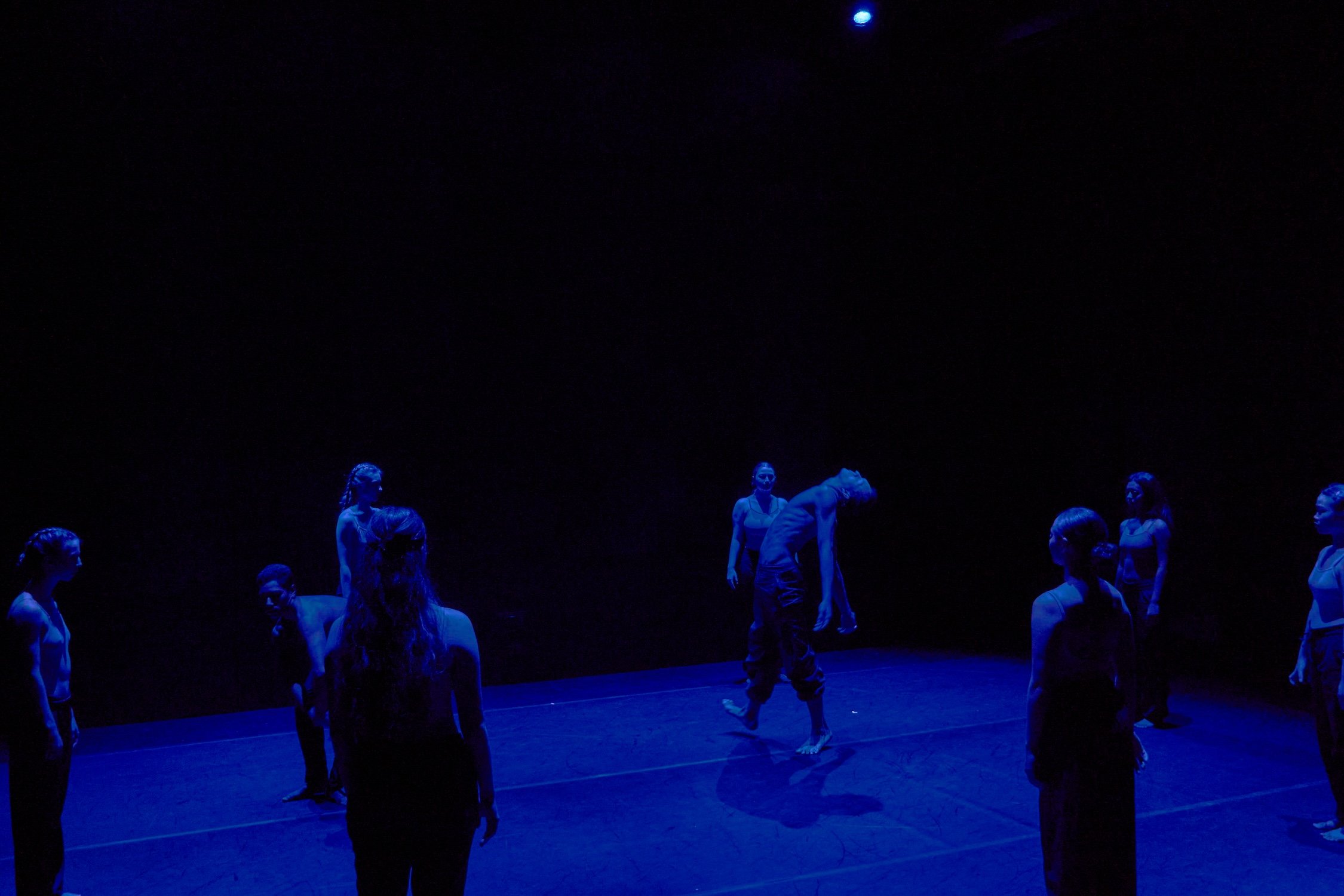Stage with performers, illuminated in blue light, some standing, some bending, with people rising or sitting in the foreground.