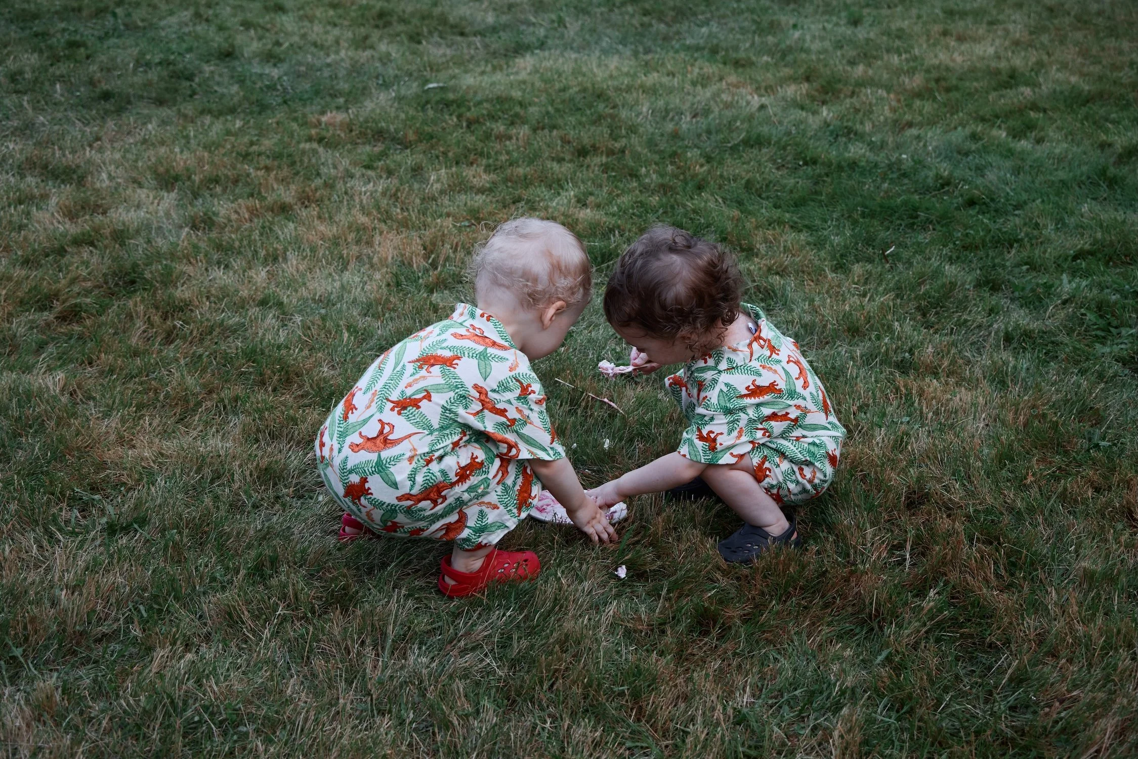 Two young children with curly hair and light skin playing on a grassy field, wearing matching animal print shirts, bending over and holding hands.