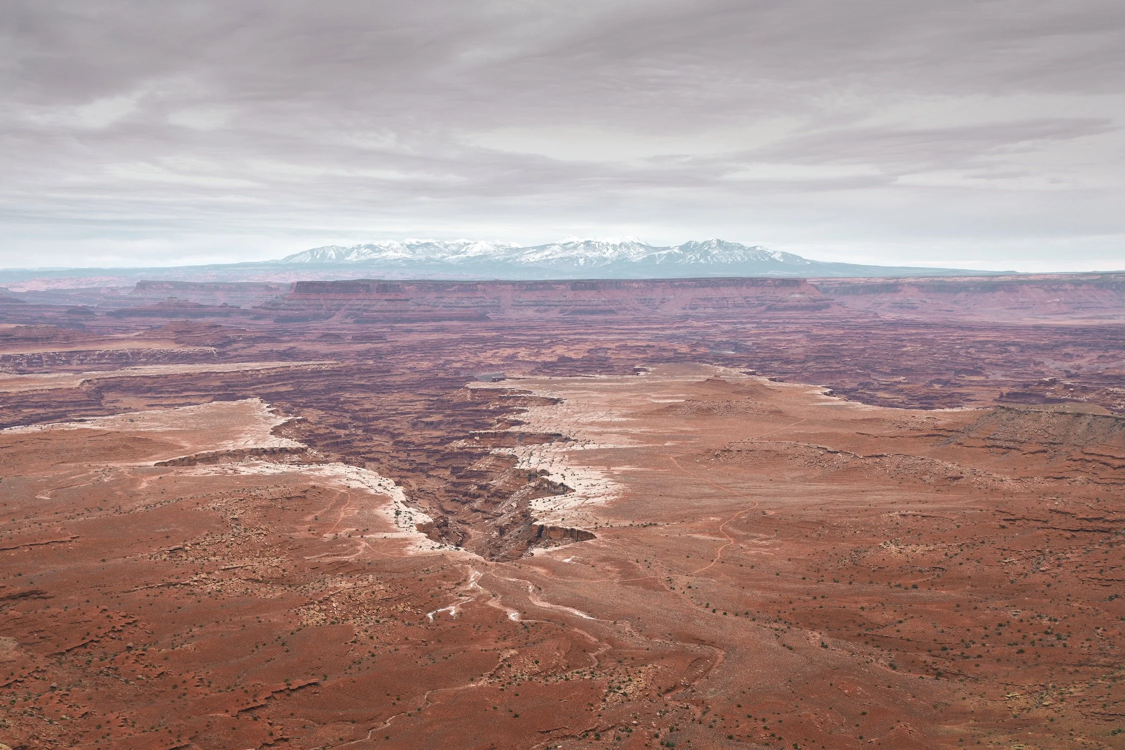 A vast desert landscape with reddish-brown terrain, winding dirt paths, and a range of snow-capped mountains under a cloudy sky in the background.