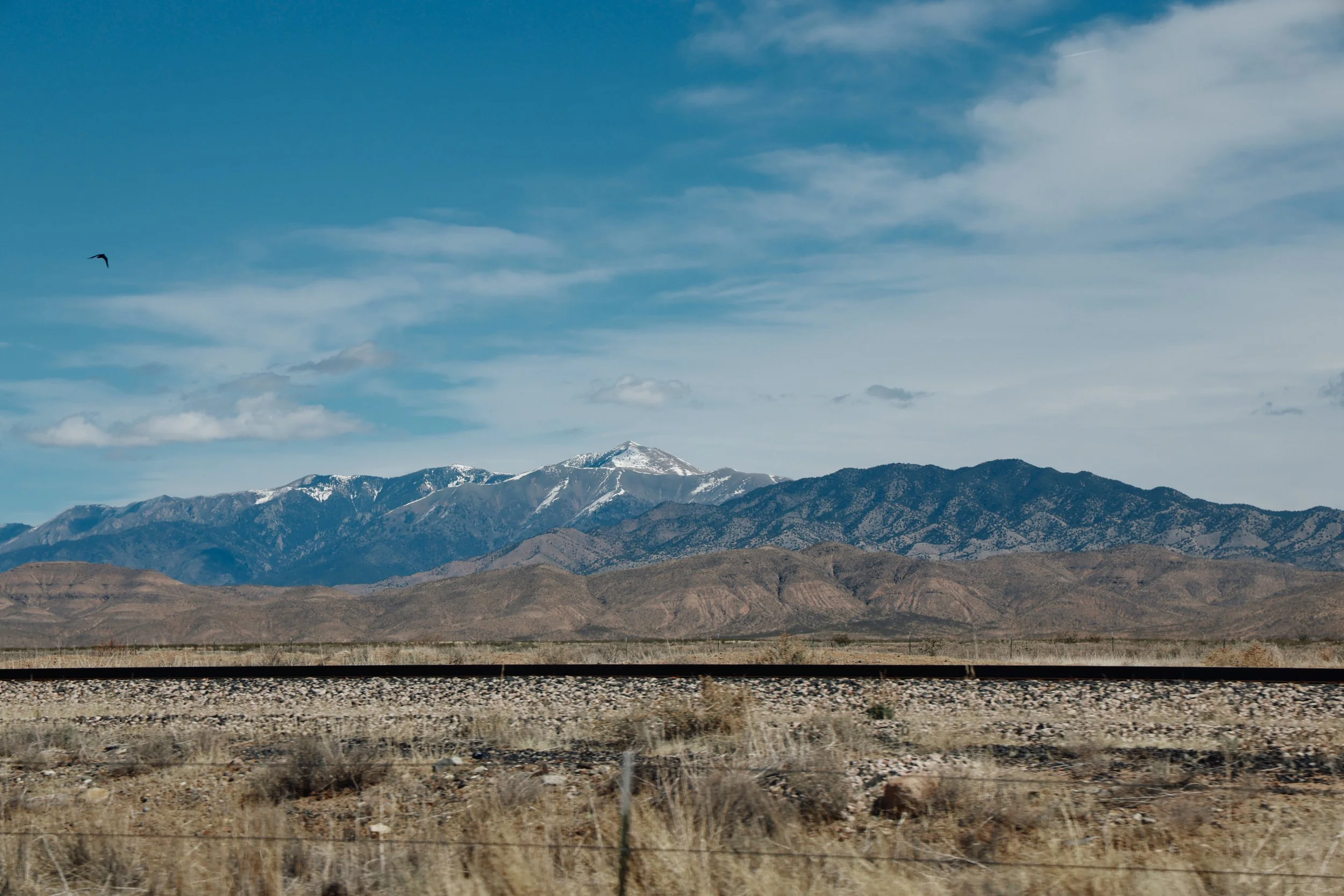 Mountains with snow caps under a partly cloudy sky, and a bird flying in the distance.