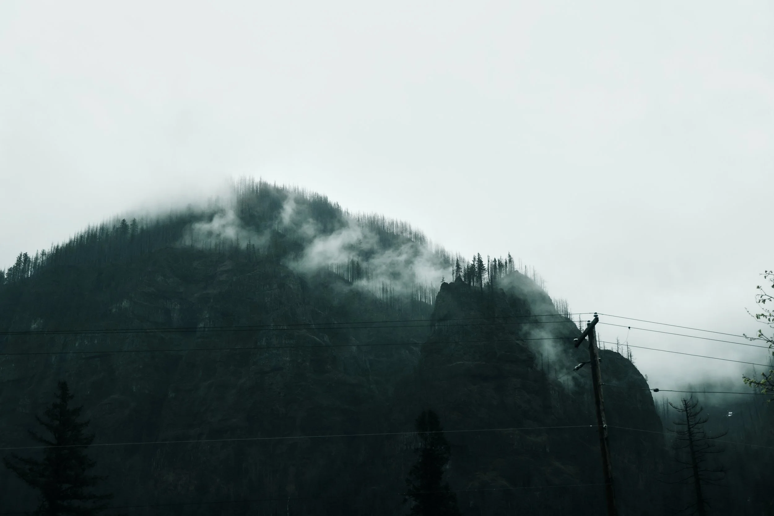 Mountains with dense forest and low-hanging clouds or fog, overcast sky, utility wires and poles visible in the foreground.