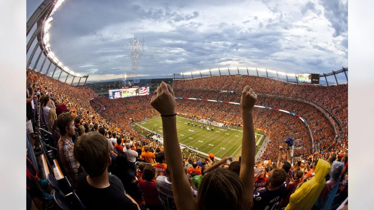 Fans in a stadium celebrating a football game, with some raising their fists, under a cloudy sky.