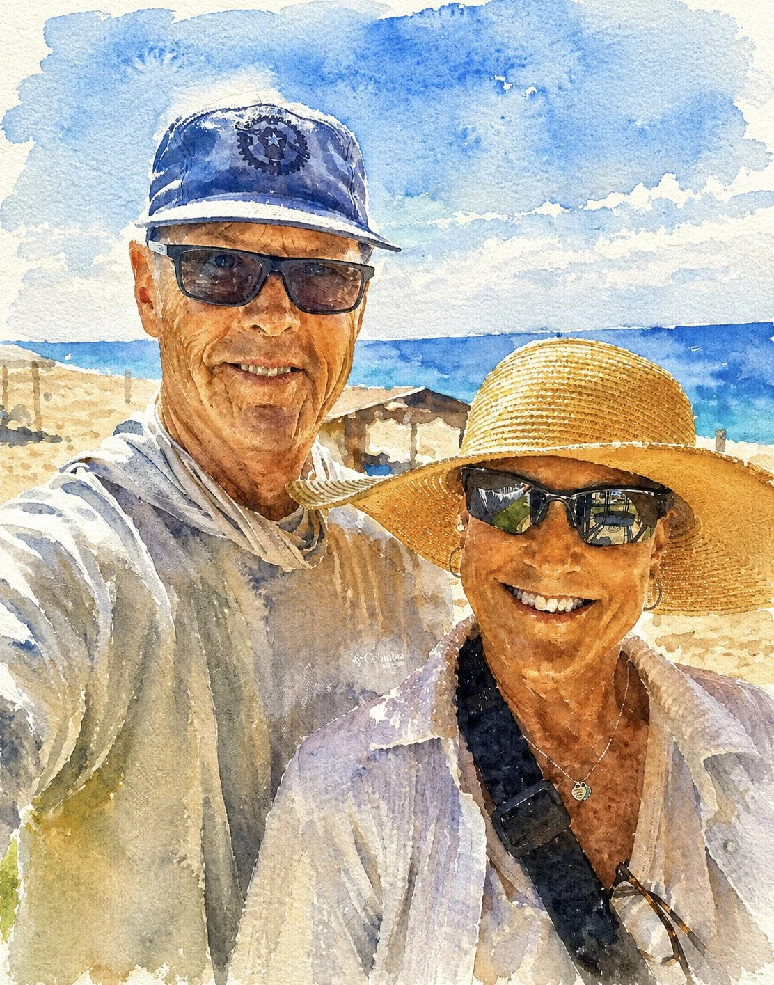 A watercolor painting of an elderly man and woman smiling at the beach, wearing sunglasses, hats, and light-colored shirts, with a blue sky, ocean, and sandy beach in the background.