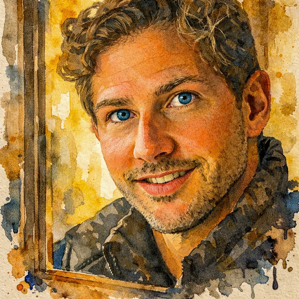 Watercolor portrait of a smiling young man with blue eyes, light brown hair, and stubble, wearing a dark jacket, with a blurred background.