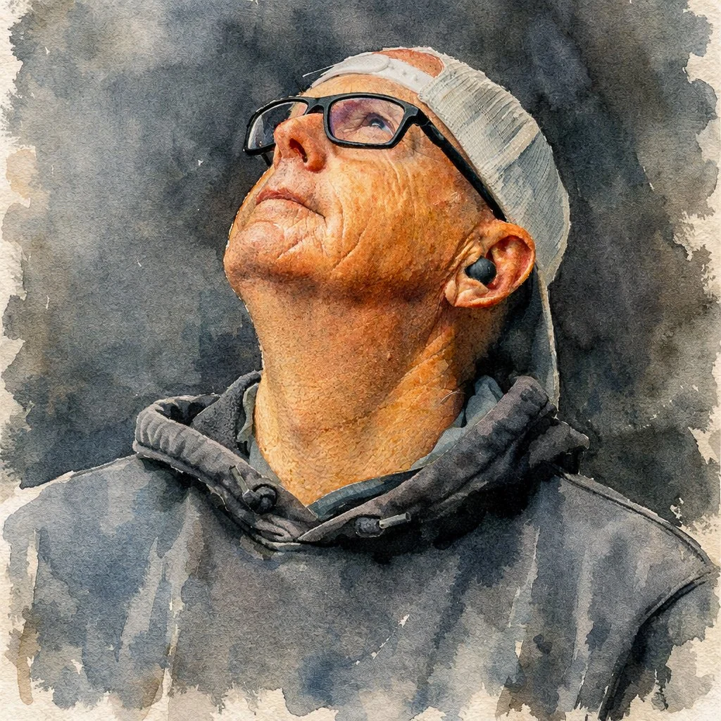 A senior man with glasses and hearing aids, wearing a hoodie and backward cap, looking upward against a dark background.