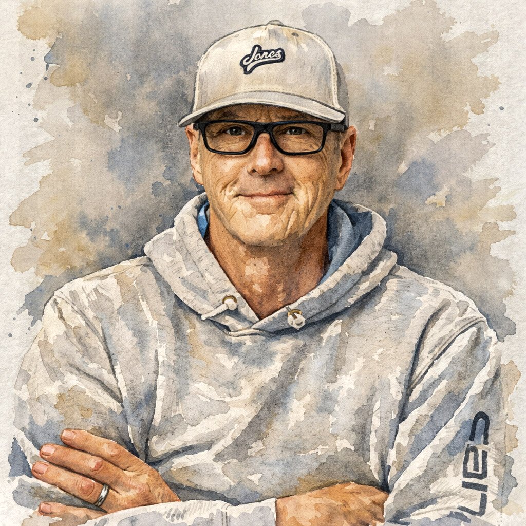 A middle-aged man with glasses and a gray cap, wearing a gray hoodie, standing with arms crossed against a watercolor textured background.