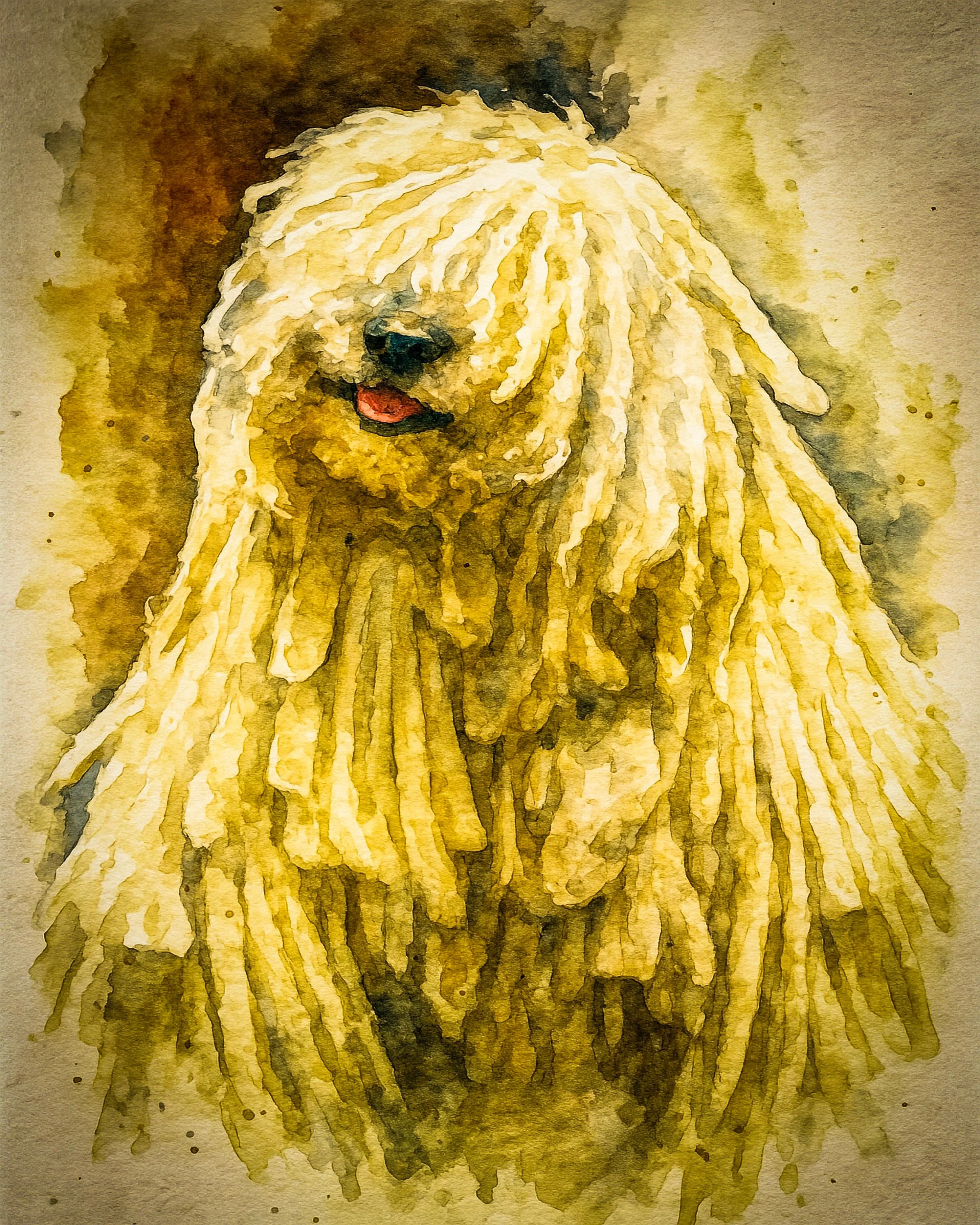 A watercolor painting of a fluffy dog, possibly a poodle or bichon frise, with cream-colored curly fur and a dark nose, set against a background with earth tones.