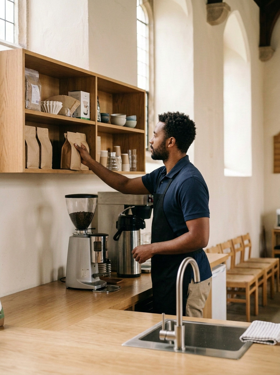 A man delivers coffee to a church coffee brewing station.