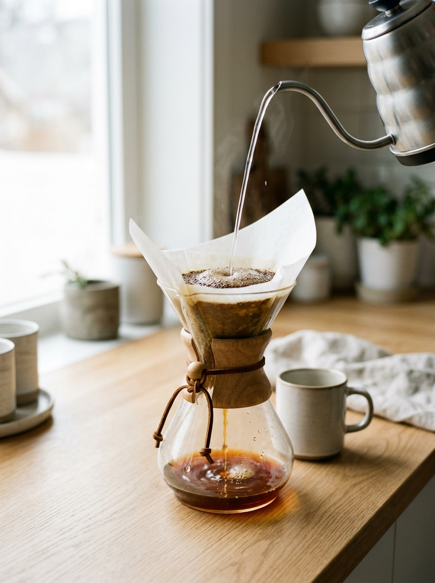 A person brews Falconer Coffee with a Chemex and a gooseneck kettle in front of a window.