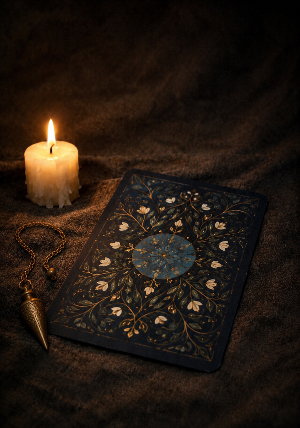 A lit candle, a decorative card with gold and white floral patterns, and a brass pendulum necklace on a dark textured fabric background.