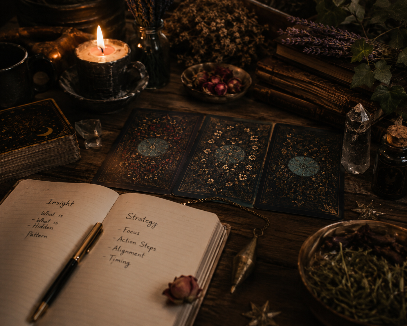 An open notebook with handwritten notes about insight and strategy, tarot cards, a lit candle, crystals, dried flowers, and various decorative items on a wooden table, suggesting a mystical or divination setting.